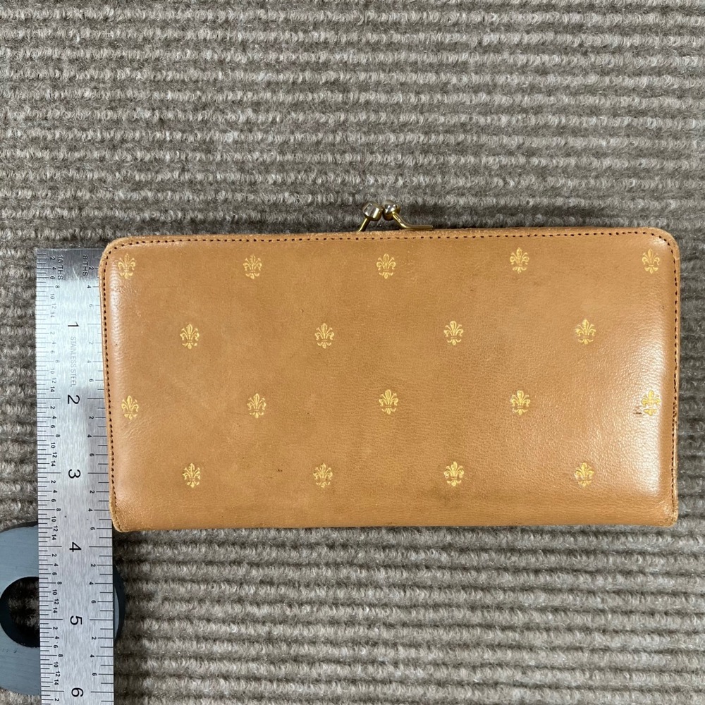 Vintage‎ Tan Leather Fleur-de-Lis Kiss Lock Frame Clutch Wallet Gold Lily Tan - Picture 4 of 9
